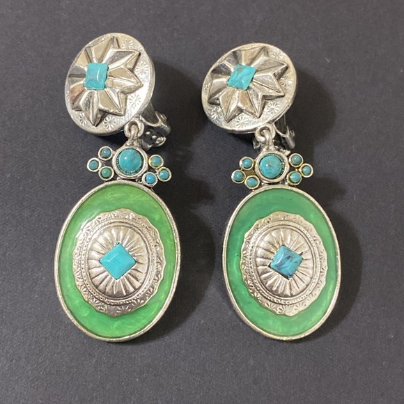 Southwest Native American Style Earrings Lot Faux Turquoise Lapis Silver Tone - Picture 9 of 12